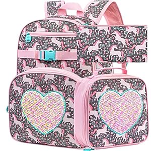 3pcs Unicorn Backpack, 16″ Girls Sequin Bookbag with Lunch Box, Kids School Backpacks for Elementary Kindergarten Preschool(Pink)