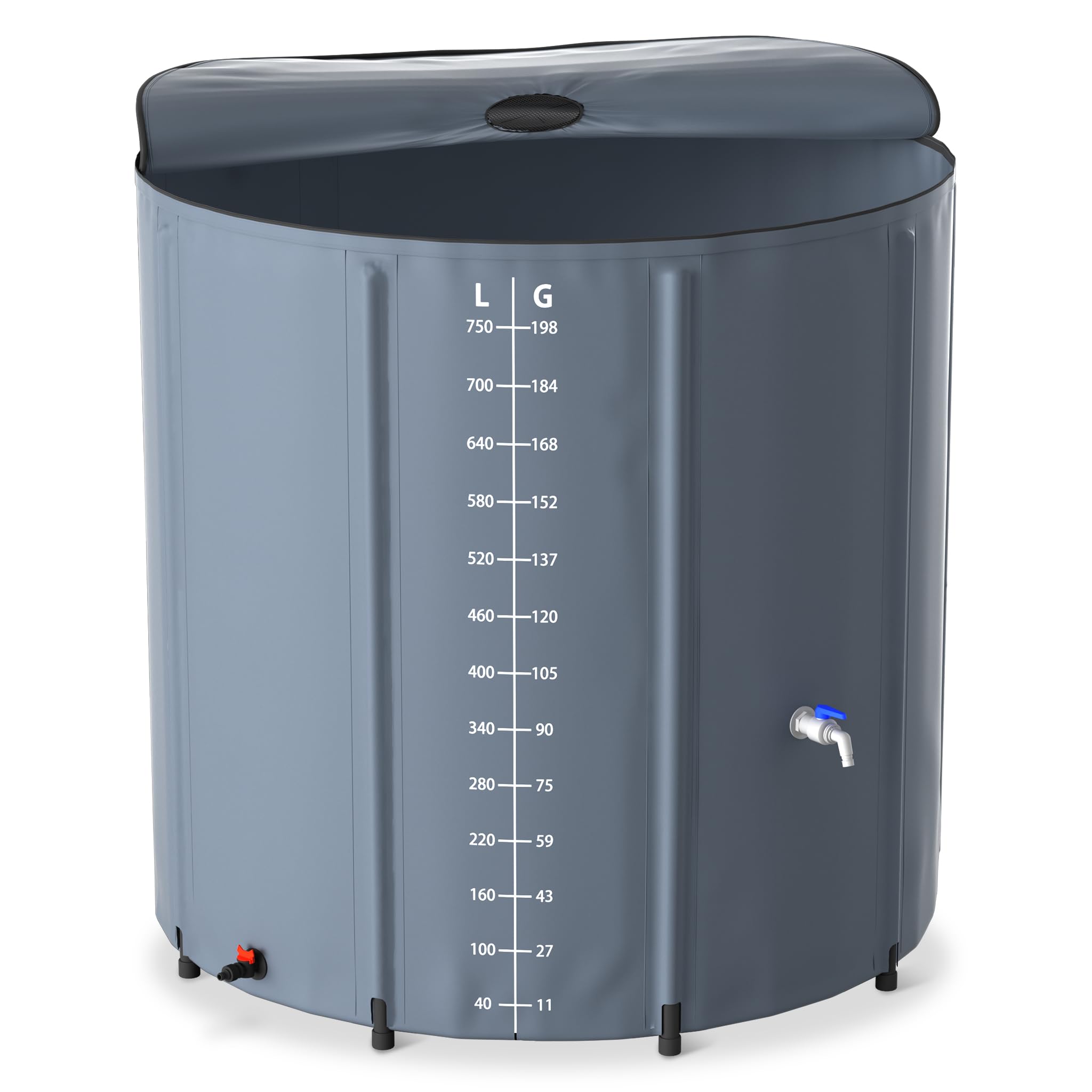 YRHome Serbatoio per acqua piovana pieghevole, 750 litri, resistente ai raggi UV e alle intemperie, con protezione da troppopieno e scala laterale, compatto per giardino, balcone, campeggio, antracite