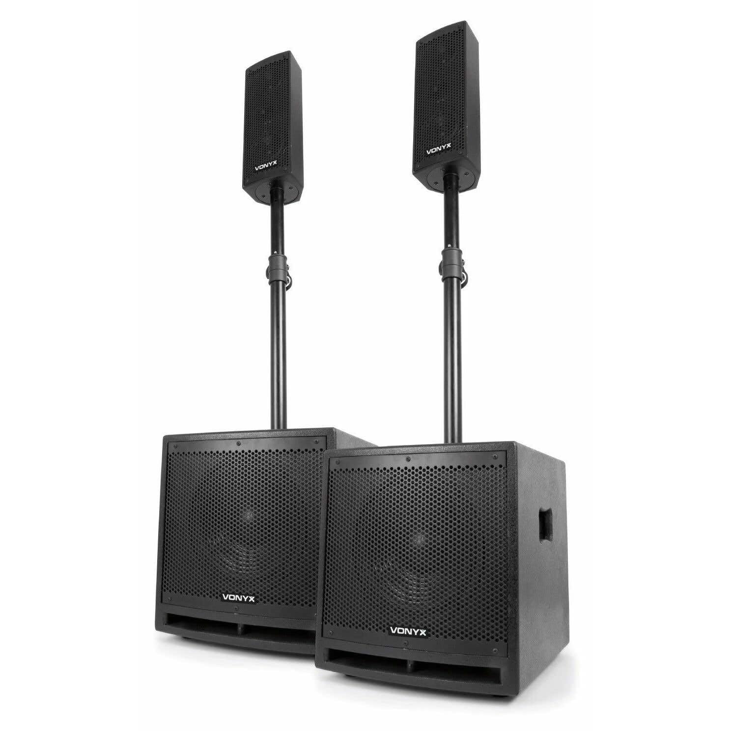 Vonyx VX1000BT – Sistema 2.2 Activo 1000W con Bluetooth, Doble subwoofer 10”, Tops, USB, SD, micrófono, Soportes y Mando, Equipo de Sonido Profesional para Eventos y Fiestas, Color Negro