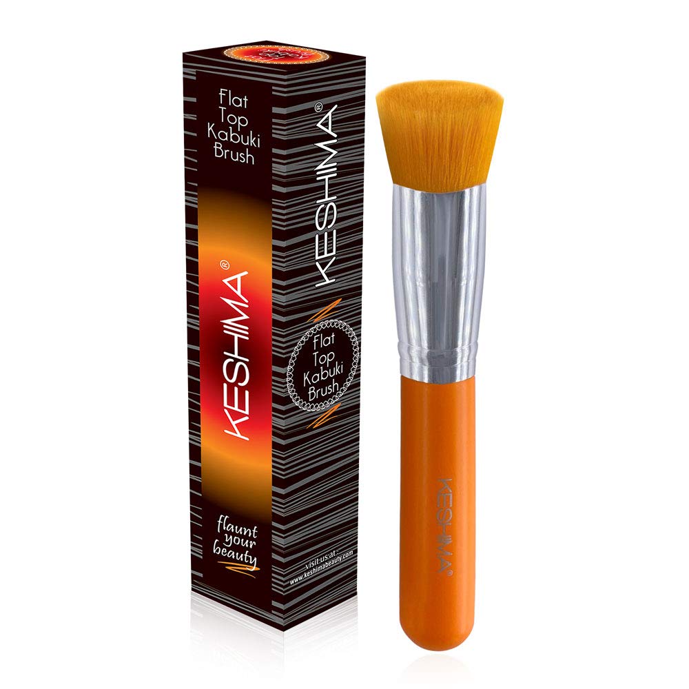 Flat Top Kabuki Foundation Brush - Premium Makeup Brush for Liquid, Cream, and Powder - Buffing, Blending, and Face Brush (Regular Size, Neon Orange)