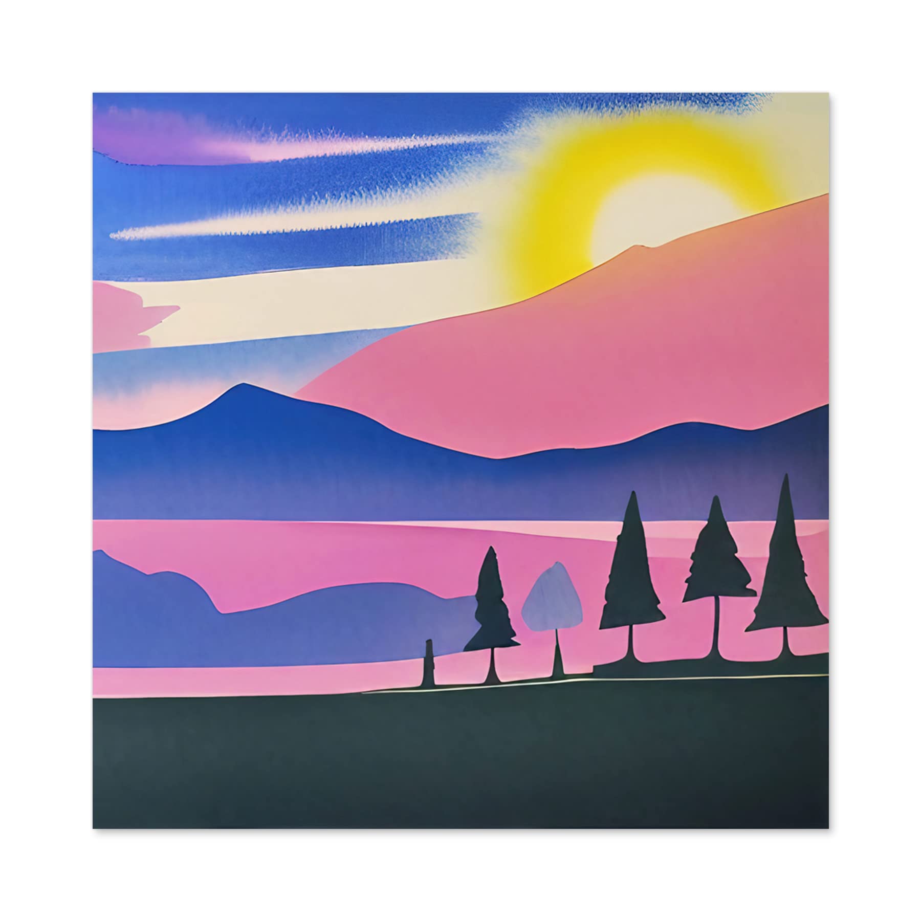Wee Blue Coo Sunset Mountain Forest Winter Lake Magenta Watercolour Premium Wall Art Canvas Print 24X24 Inch