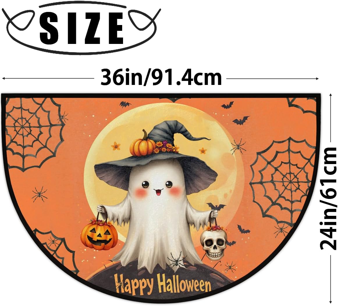 Ghosts Cute Halloween Half Round Door Mat Non Slip Washable Semi Circle Area Rug Absorbent Soft Half Moon Rug Floor Mat for Indoor Outdoor Kitchen Bathroom Patio Front Door Mat Decor