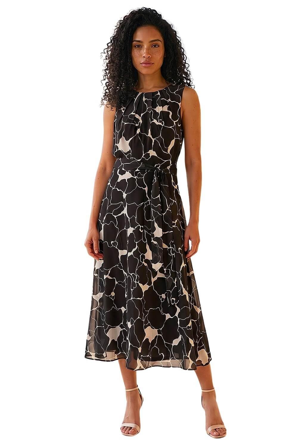 Roman Originals Women's Floral Black Roman Animal Print Pleated Chiffon Dress For Uk Spring Everyday Summer Holiday Round Neckline Comfy Sleeveless Soft Fit & Flare Frock Midi Length Gowns