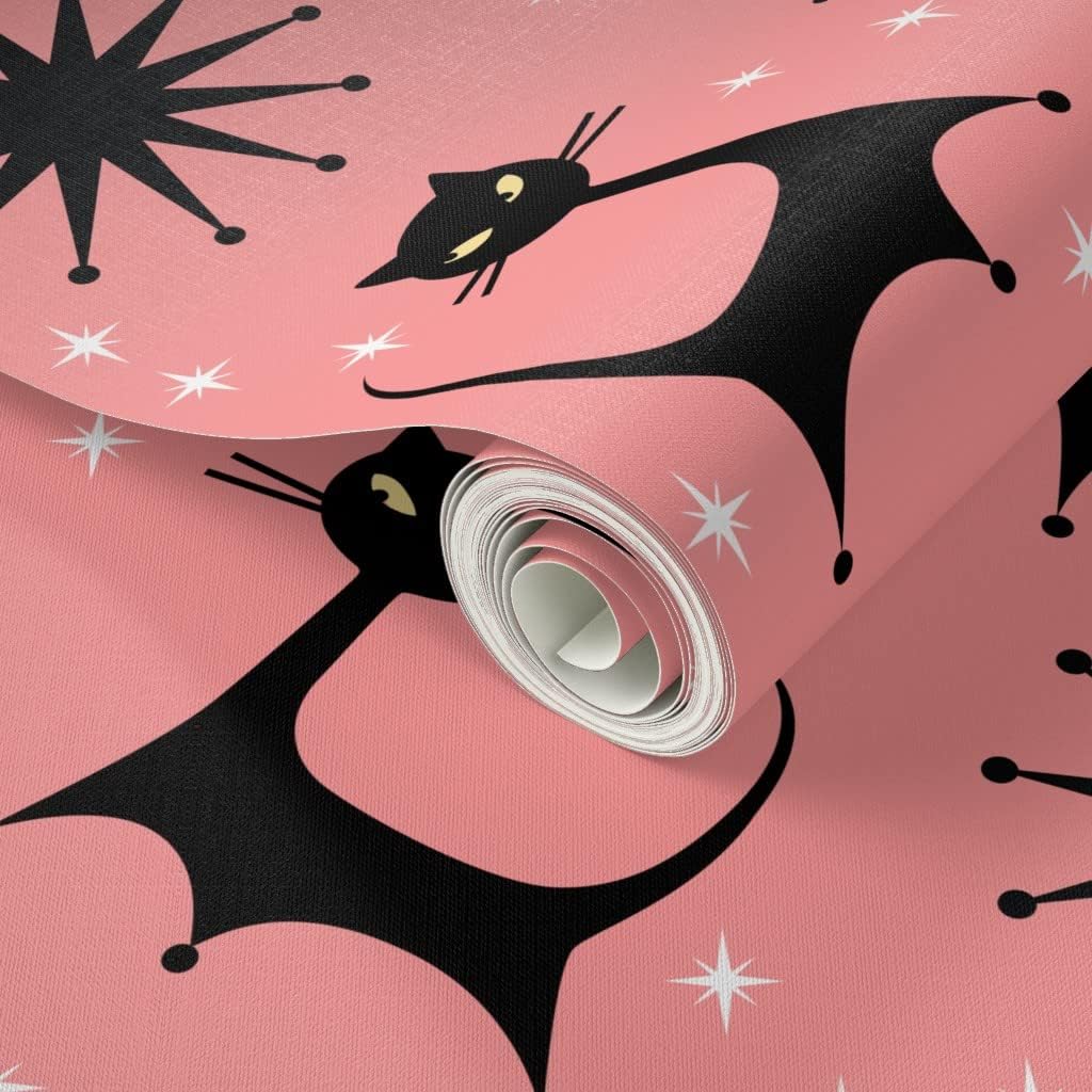 Peel & Stick Wallpaper 6ft x 2ft - Pink Vintage Retro Kitsch Atomic Mid Century Kitty Cat Custom Removable Wallpaper by Spoonflower
