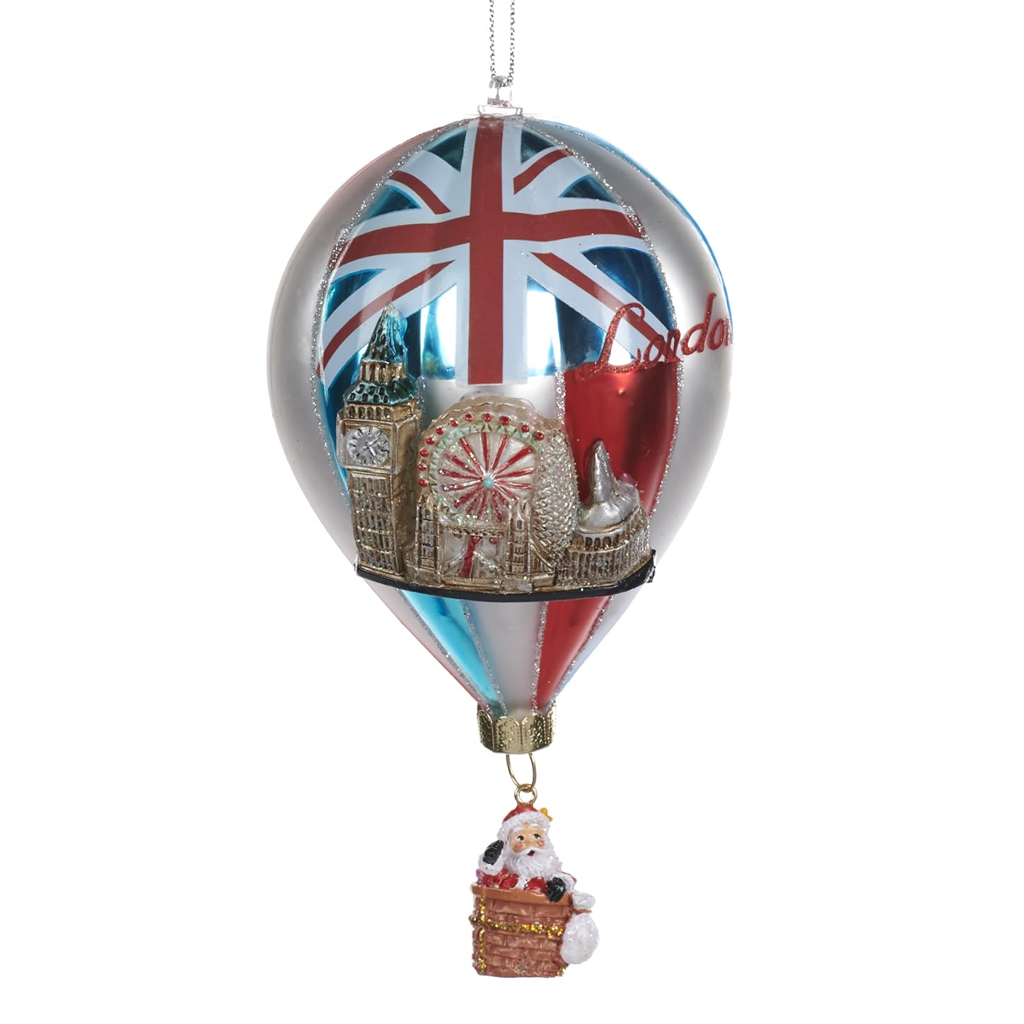 Goodwill London Glass Hot Air Balloon Bauble with Santa Flying Over London 14 Centimeter