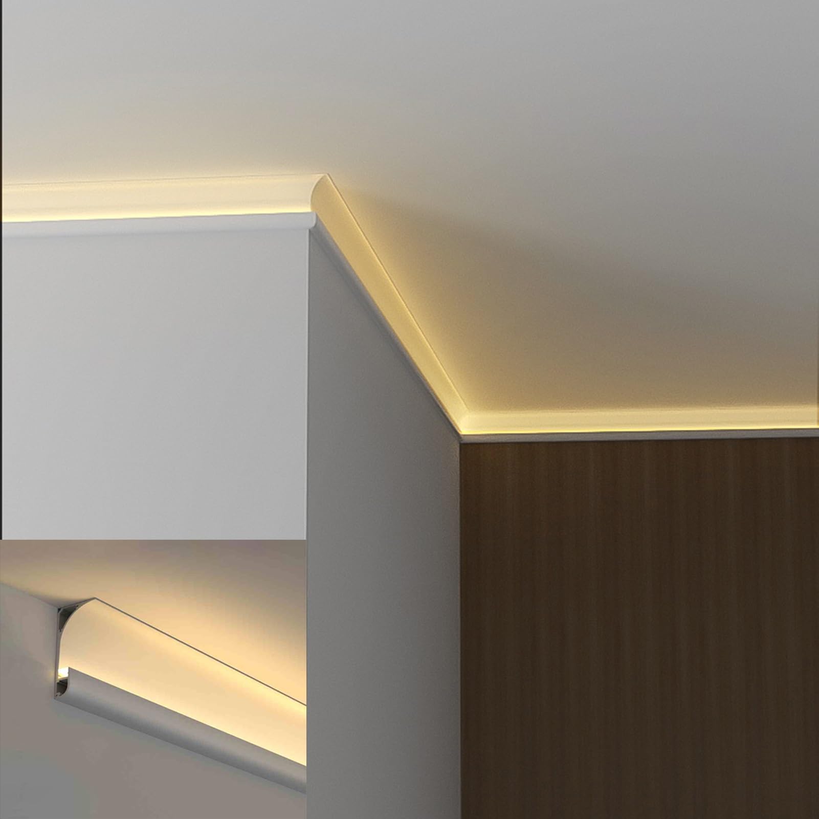 Moldura de cornisa indirecta en aluminio blanco, perfil premium para iluminación de diseño