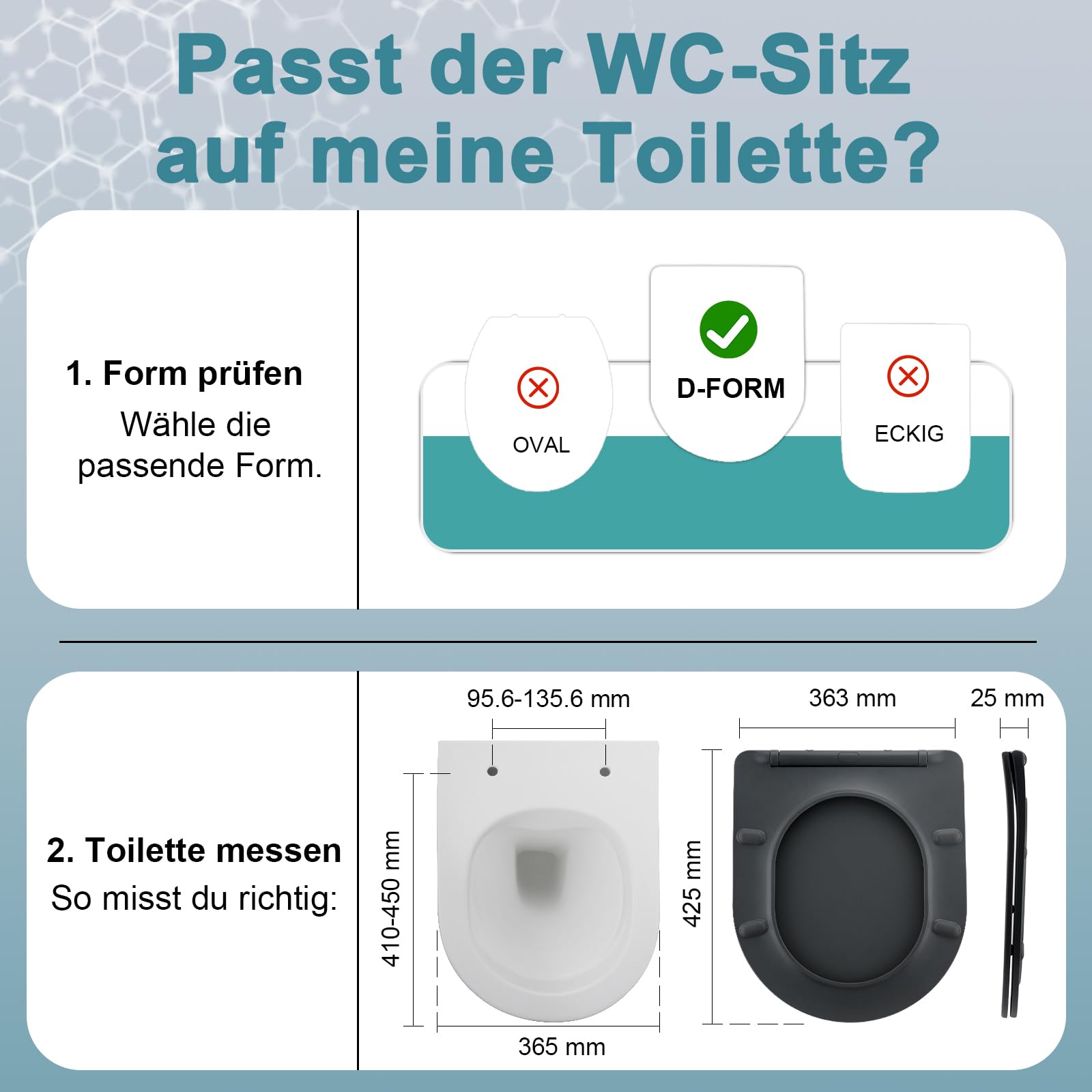 Deska sedesowa w kształcie D, pokrywa toaletowa z mechanizmem powolnego opadania, szara pokrywa klozetowa, deska sedesowa Soft Close, pokrywa WC uniwersalnie kompatybilna, deska sedesowa z