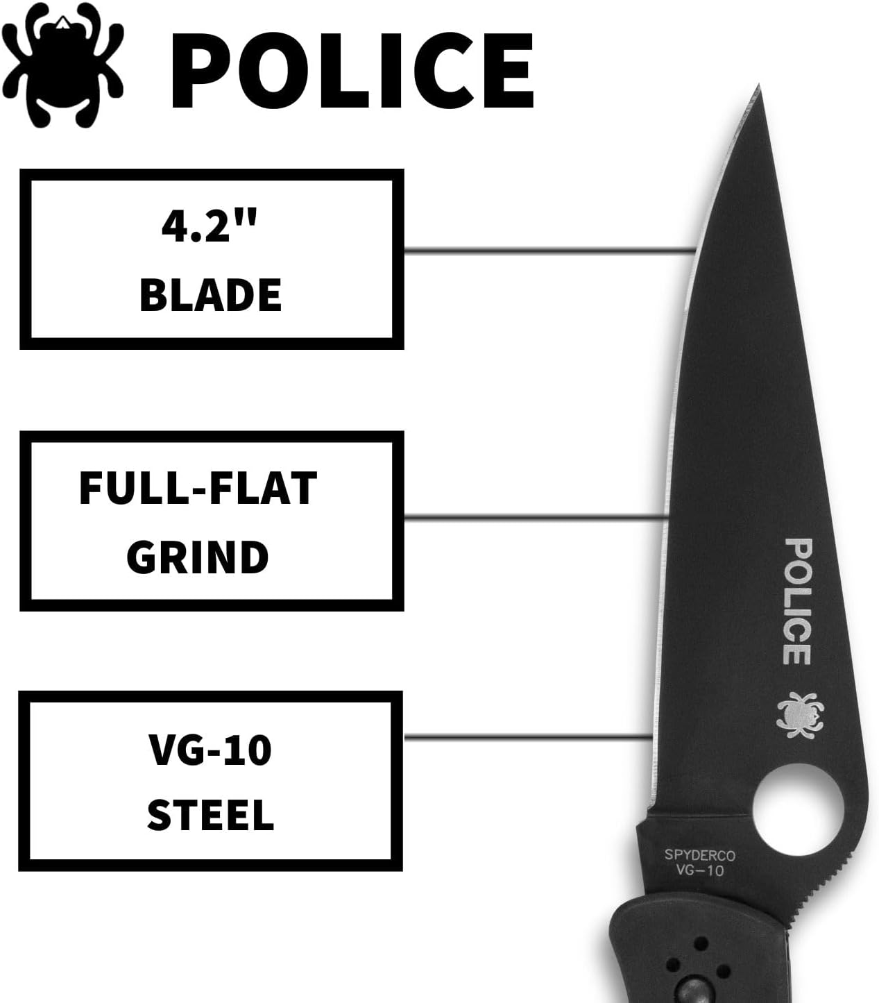 Spyderco Police Model Folding Pocket Knife with 4.2" VG-10 Steel Blade and TiCN Stainless Steel Handle - EDC Knife for Men and Women, Perfect for Hunting, Tactical, Camping - PlainEdge - C07BKP