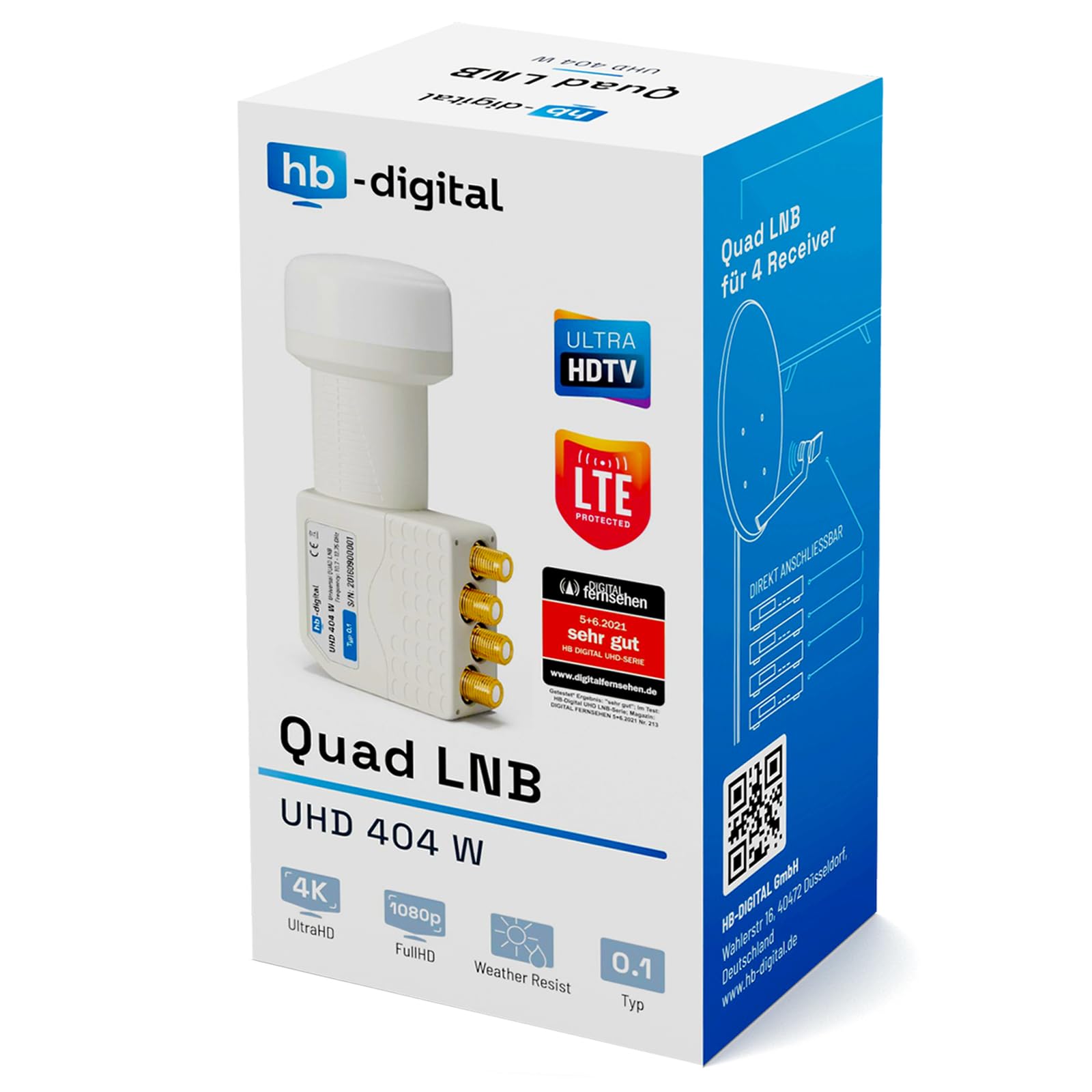 HB-DIGITAL Quad LNB 4 Veces DVB-S DVB-S2 Full HD TV 3D TV 4K UHD Sat 4 Participantes con Protección Climática + 8X F-Conectors Dorados
