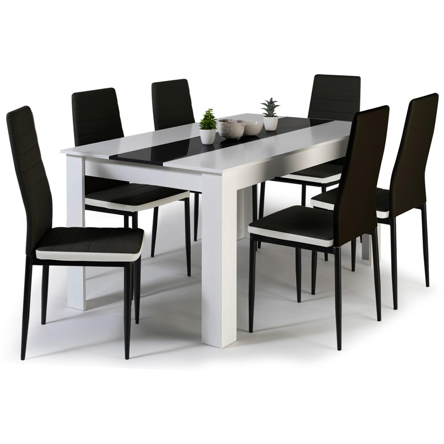 IDMarket - Ensemble Table à Manger Georgia 140 cm Blanche et Noire et 6 chaises Romane Noires liseré Blanc