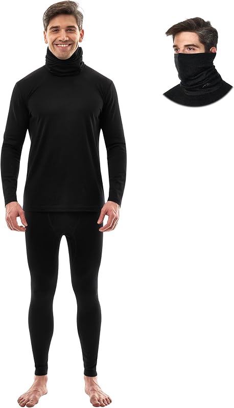 Merino Wool Base Layer Mens Set - Merino Wool Thermal Long Underwear Mens Top, Bottom and Neck Gaiter