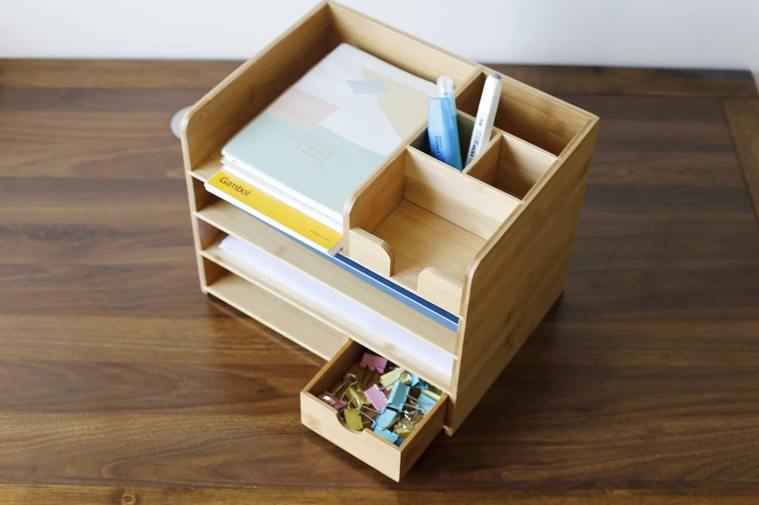 CommHub Bamboo Desktop Organizer, Home Office Bamboo Desk Drawer Organizer, Office Storage Rack : Office Products