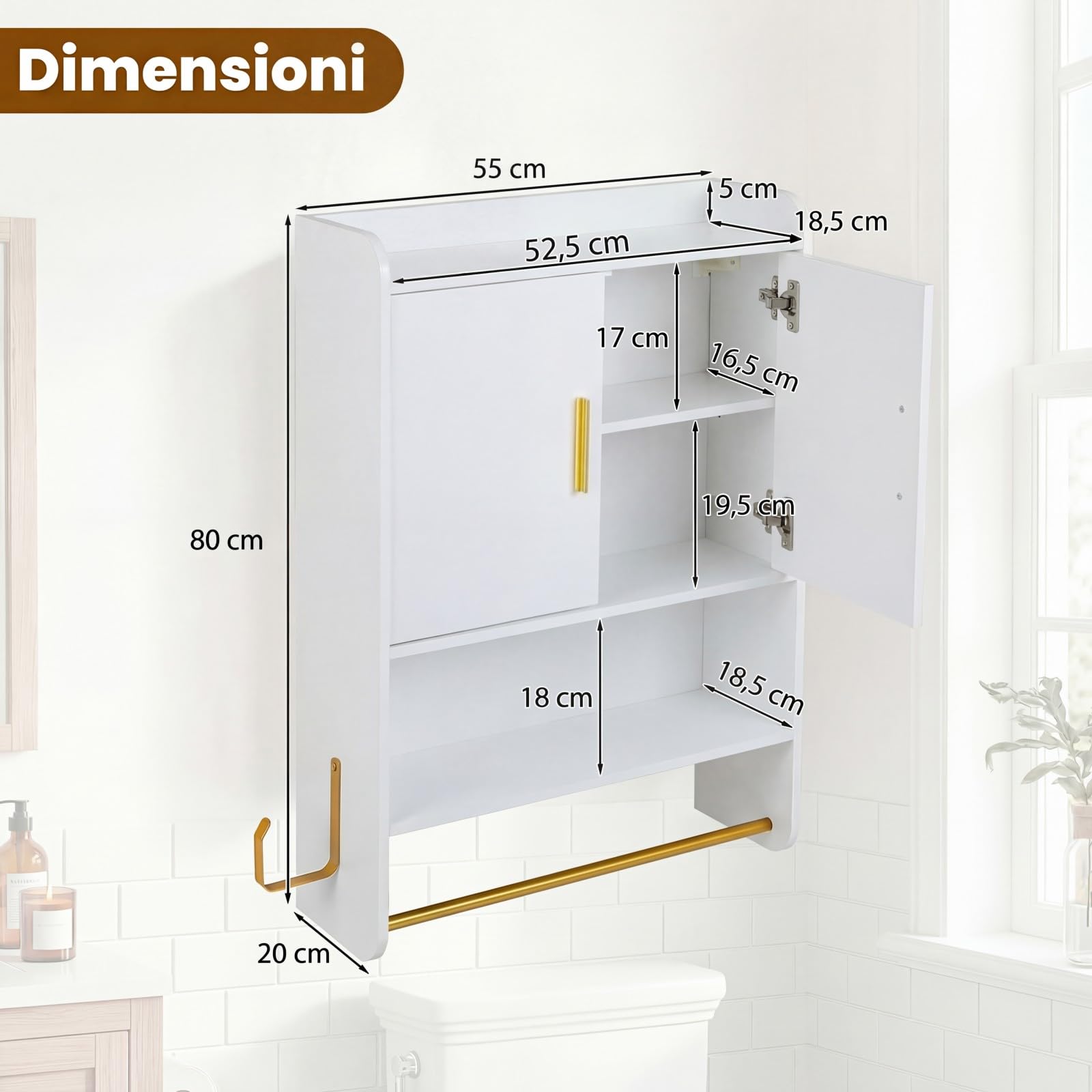COSTWAY Armadietto Bagno Sospeso, Mobile da Bagno da Parete con Ripiano Regolabile, Scomparto Aperto, 2 Portasciugamani e Gancio Laterale, Pensile Salvaspazio per Cucina, 55 x 20 x 80 cm (Bianco)