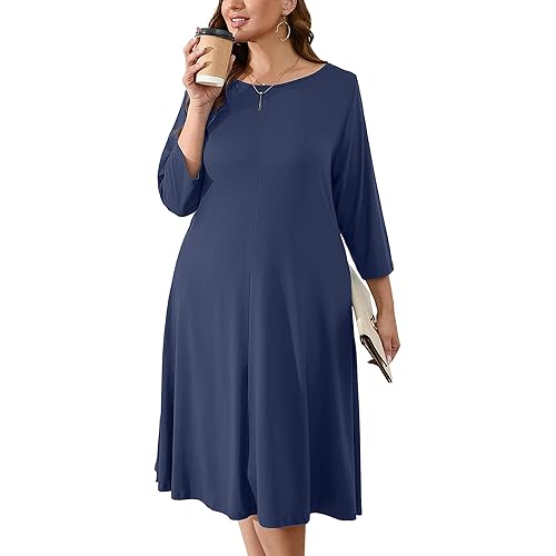AusLook Women's Plus Midi Dresses Crew Neck A Line 3/4 Sleeves Casual Elegant Loose Wedding Guest Vacation Dress with Pockets