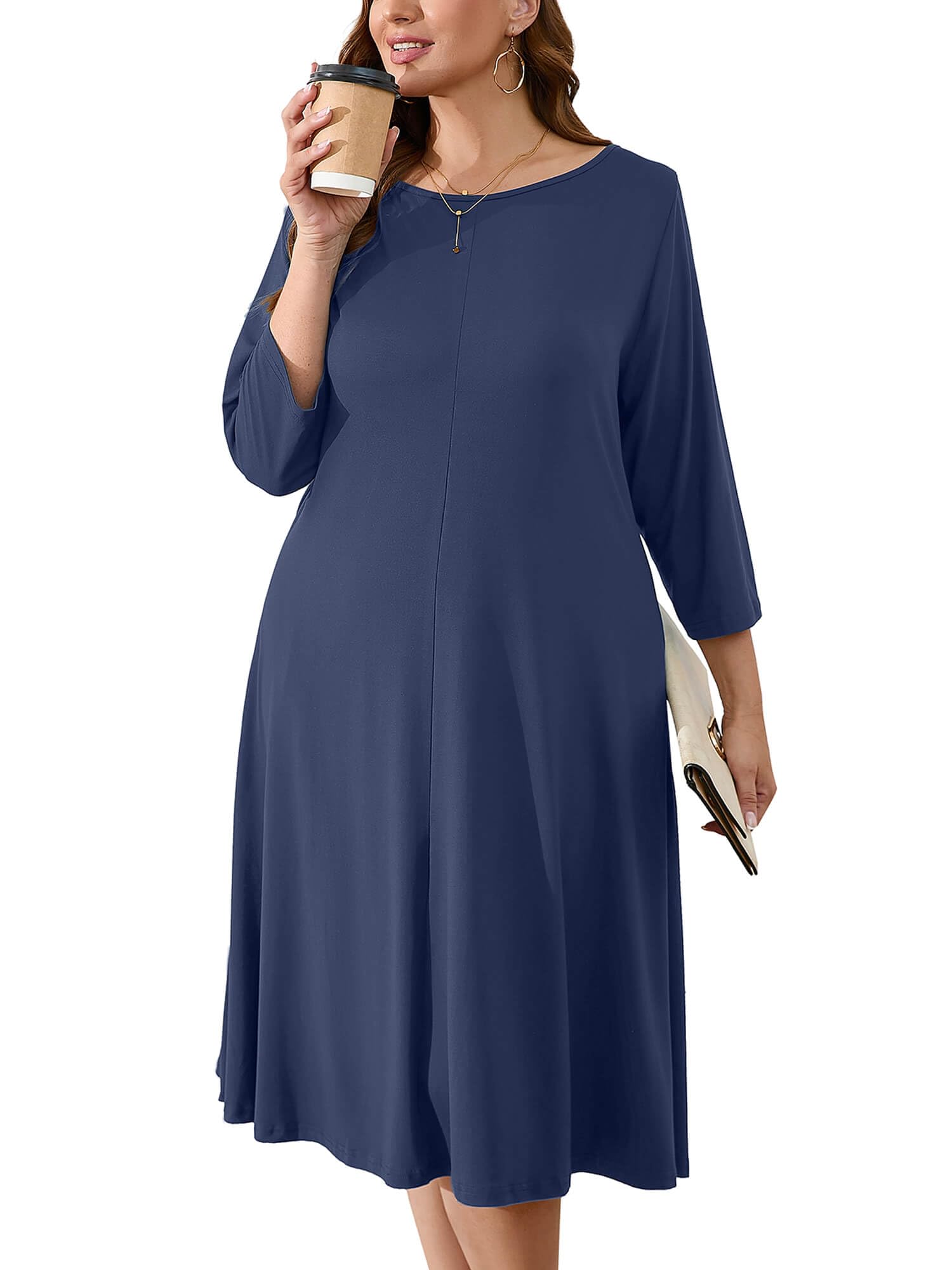 AusLook Women's Plus Midi Dresses Crew Neck A Line 3/4 Sleeves Casual Elegant Loose Wedding Vacation Dress with Pockets