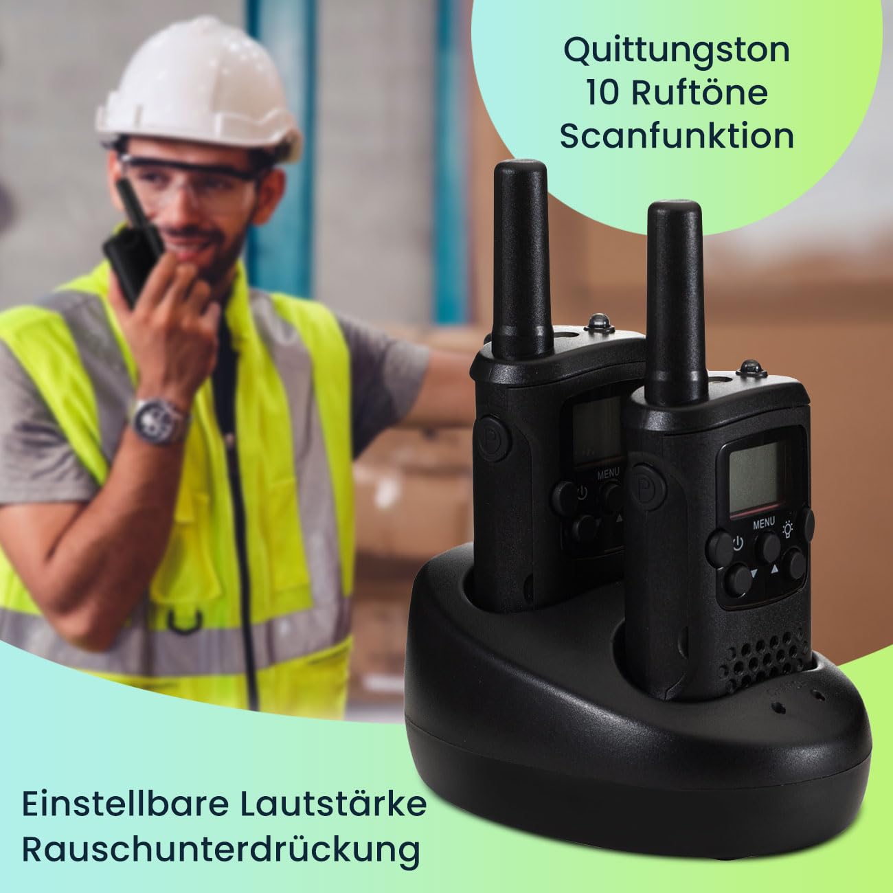 2er-Set Profi Akku-PMR-Funkgerät, Gürtelclip & Taschenlampe, Walkie Talkie mit 10km Reichweite, 8 Kanäle, Ladestation, 8 Stunden Sprechzeit