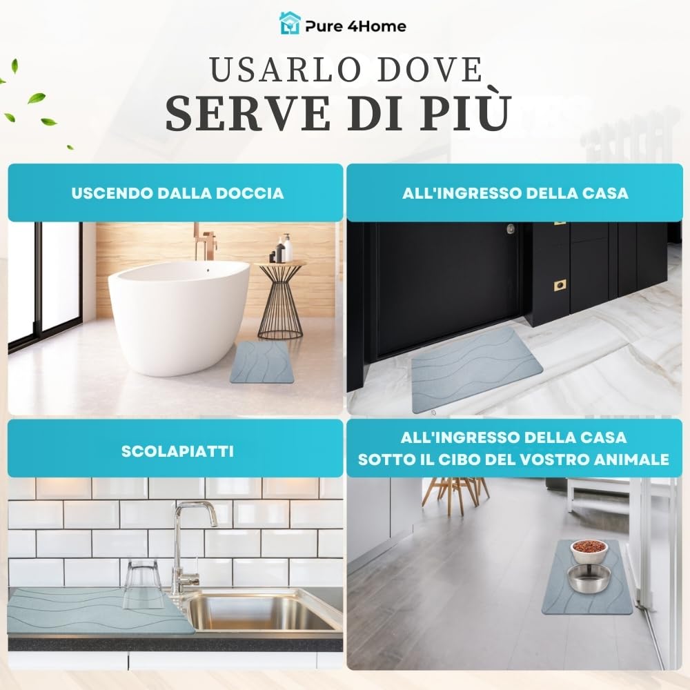 Pure 4Home Tappeto Bagno Diatomite Antiscivolo 60 x 39 cm | Tappetino Doccia Super Assorbente Asciugatura Rapida | Pietra Naturale Antimuffa | Diatomite Stone Bath Mat (Gray Waves)
