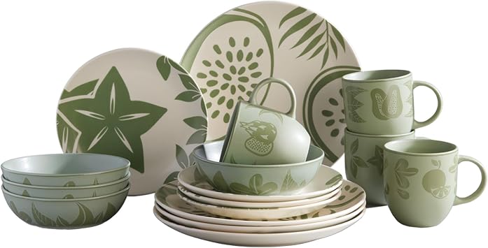 Corona 16piece Green Tropical Fruit Design Ceramic Dinnerware Sets | Plates, Bowls and Mugs | Service For 4 | Frutto