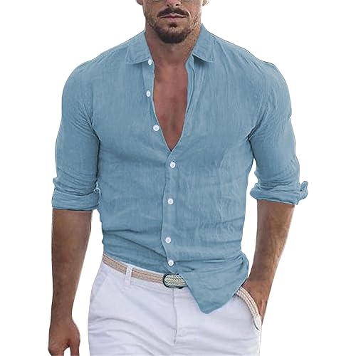 Cotton Linen Button Down Shirt for Men, Long Sleeve Lapel Collar, Casual Hippie Style Tops for Beach Wear