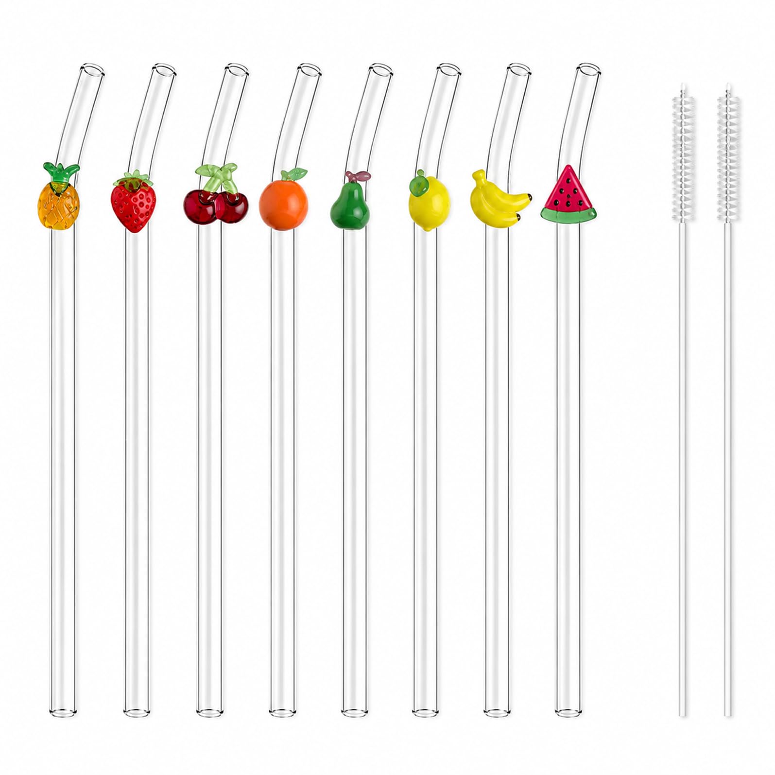 8 Pcs Reusable Glass Straws with Charms and 2 White Cleaning Brushes, 7.9 Inch Borosilicate Drinking Straws with Colorful Fruit Pendants for Smoothies Juice Coffee Cocktail
