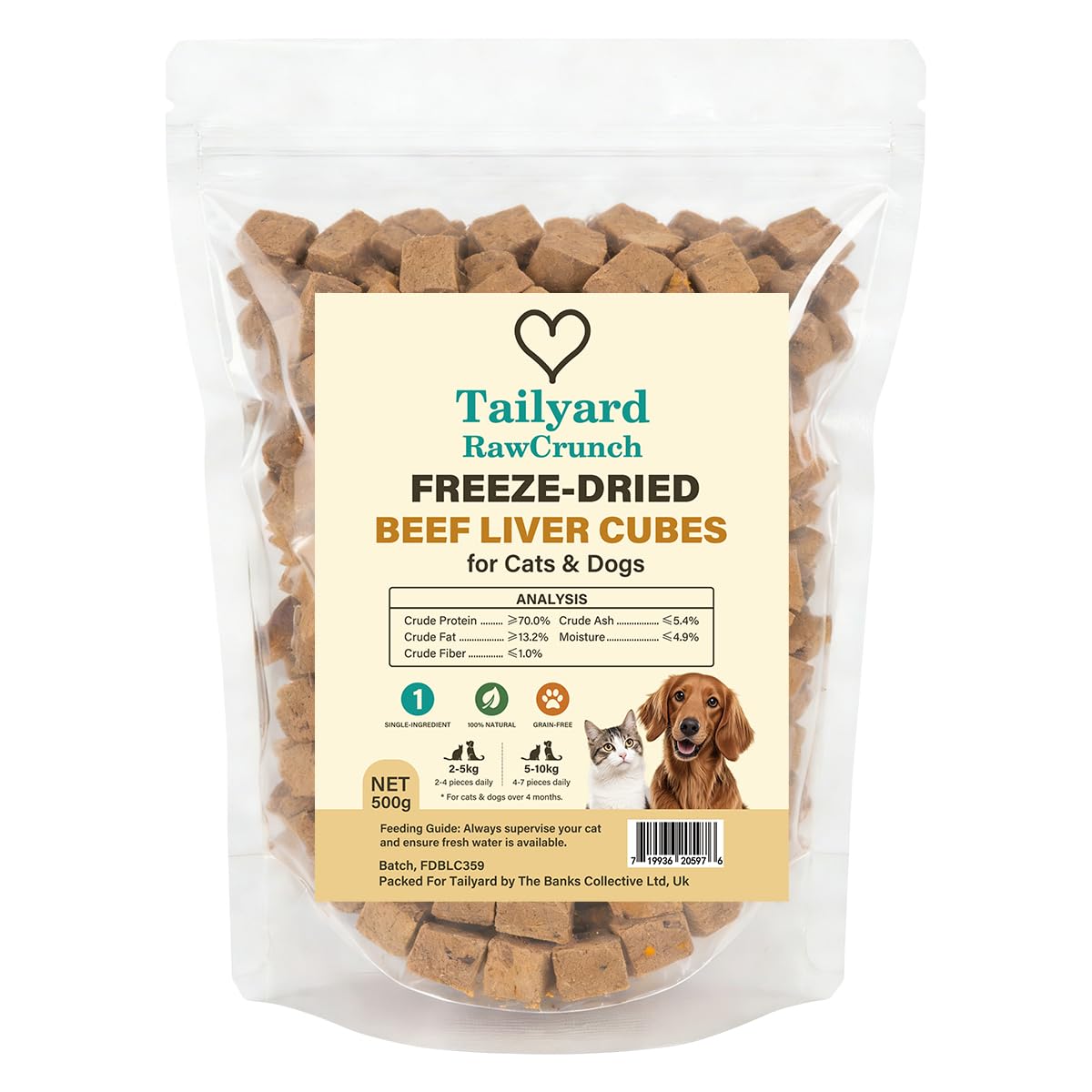 Tailyard Freeze-Dried Beef Liver for Dogs & Cats – 500 g Giant Pack | Approx. 2.5 kg Raw Equivalent | 100% Single-Ingredient Training Treats & Food Topper | High-Protein, Grain-Free