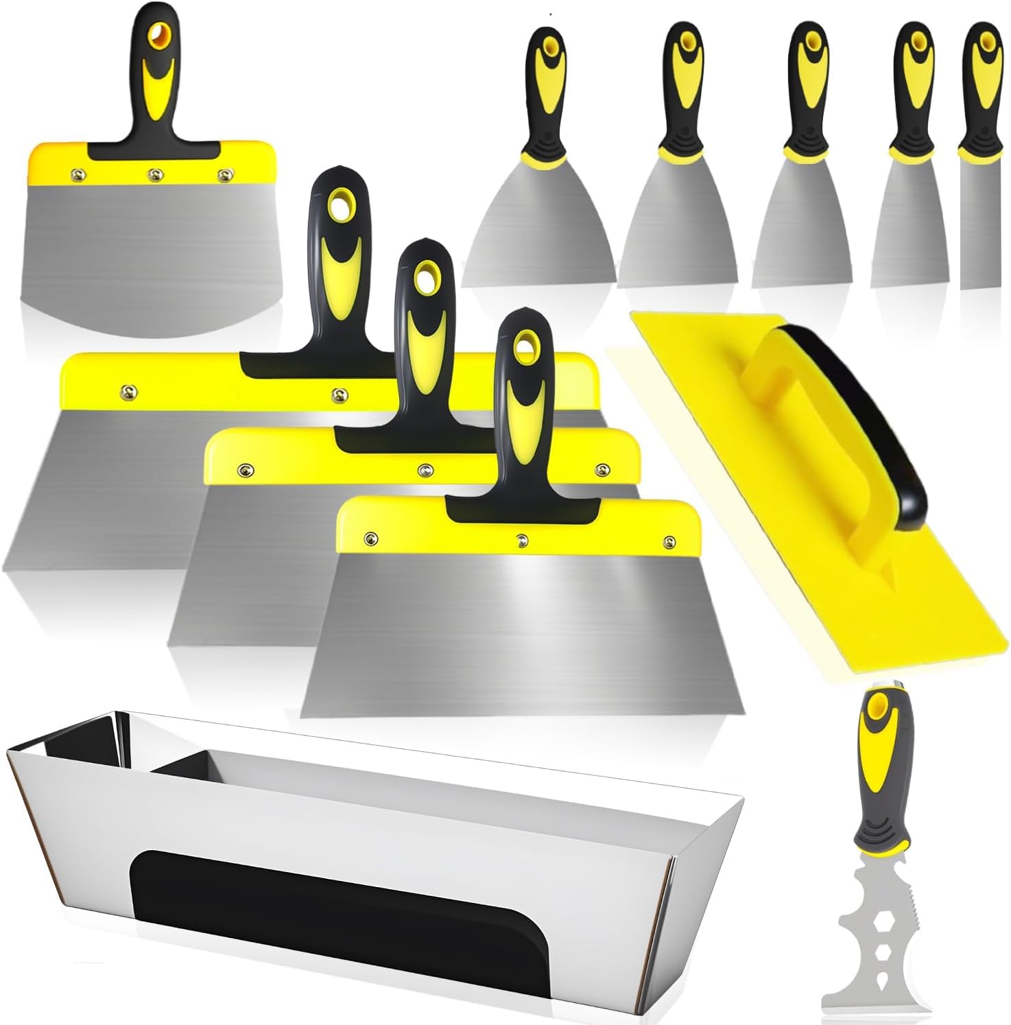 Set di stucchi da pittura in acciaio inossidabile, 12 pezzi, coltello per stucco in acciaio inox, 350-25 mm, strumento per stuccare con PP + TPR manico giallo e nero per cartongesso, intonaco, carta