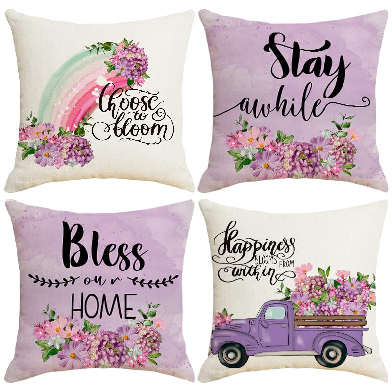 Cushion Covers 45x45 cm Set of 4, Soft Velvet Inspirational Quote Throw Pillow Case with Floral Purple Design, Square Farmhouse Decorative Throw Pillowcase for Sofa Couch Living Room Bedroom — image 1