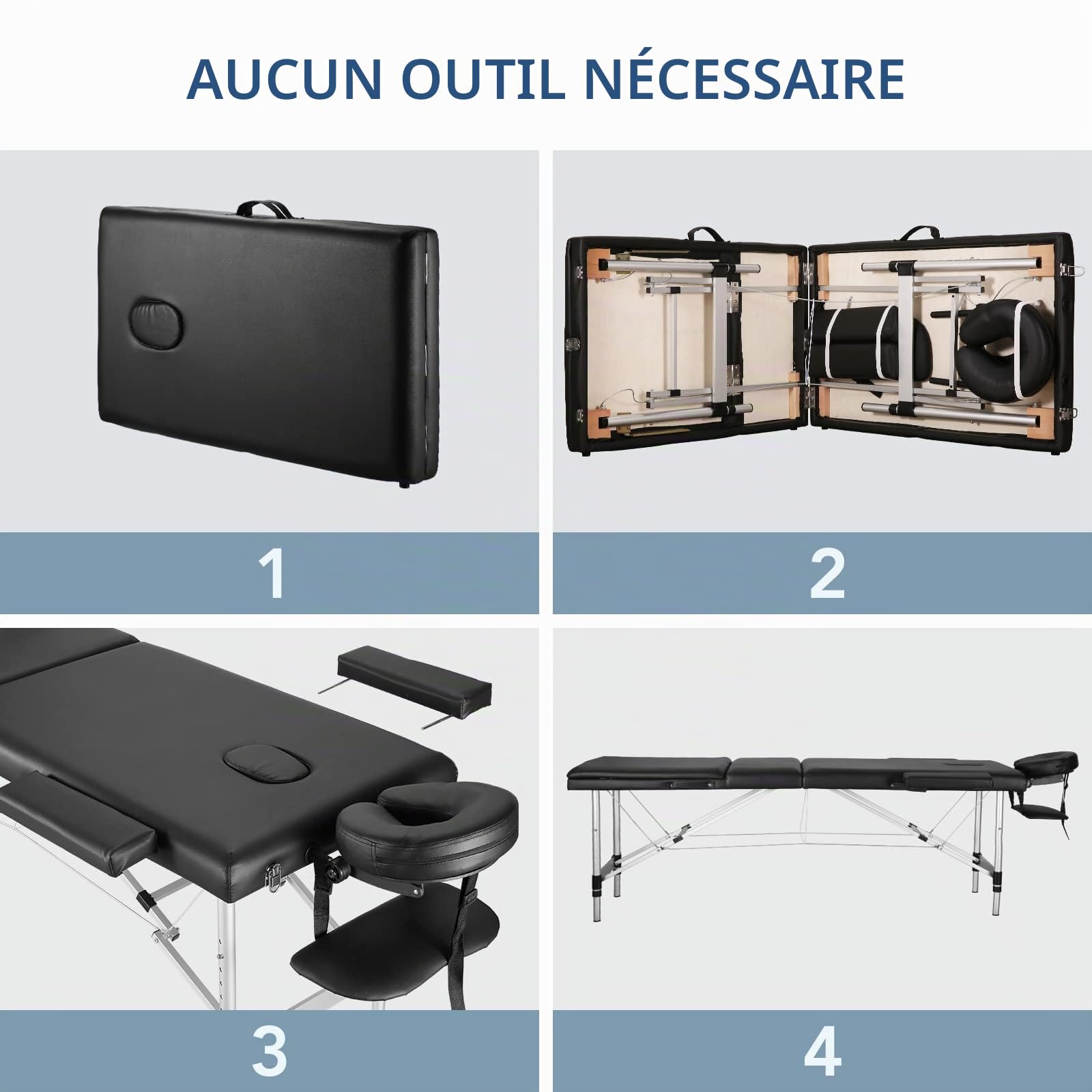 Table de Massage Pliante Professionnelle - Lit de Massage Portable à 3 Sections avec Pieds en Aluminium, Accessoires Amovibles et Sac de Transport - pour Spa, Salon, Tatouage, Cils - 208 cm, Noir