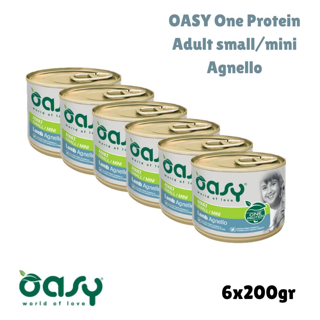 Oasy umido cane adulto monoproteico, alimento completo per cani adulti di taglia piccola (small) gusto AGNELLO | 6 scatolette da 200 grammi l’una.