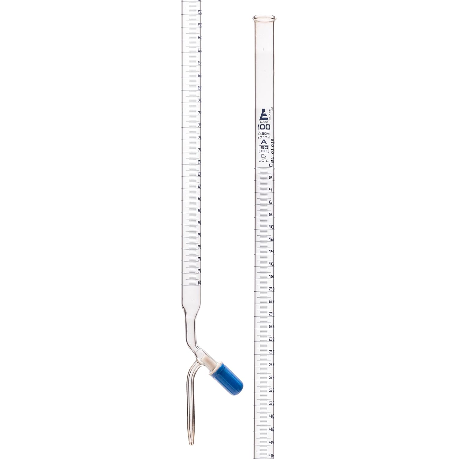 EISCO Burette, 100mL - Class A, DIN ISO 385 Compliant, Borosilicate Glass with PFTE Needle Valve Rotaflow Stopcock, 0.02mL Graduations