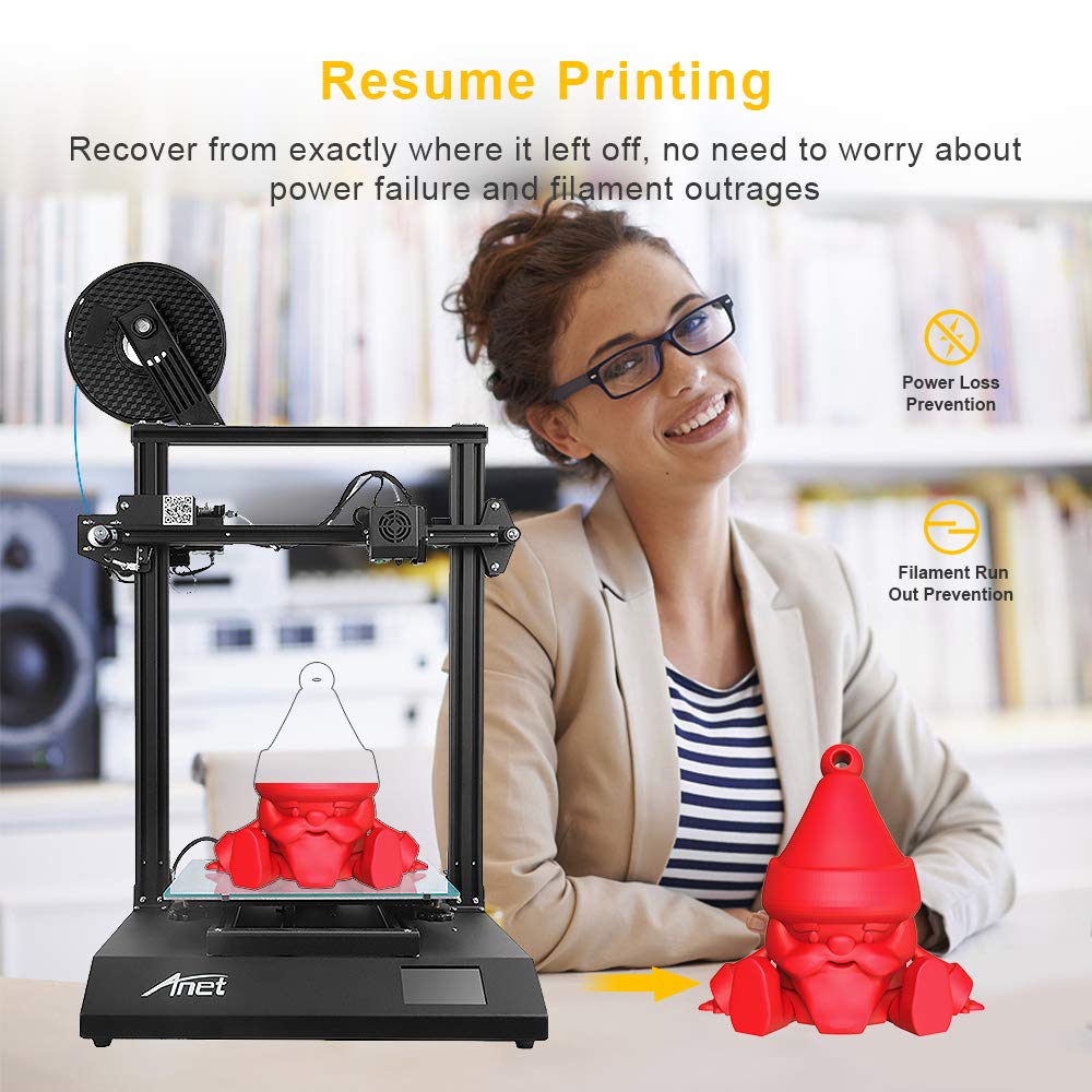 Anet ET5 Pro 3D Printer demonstrating resume printing functionality with a woman and printed objects