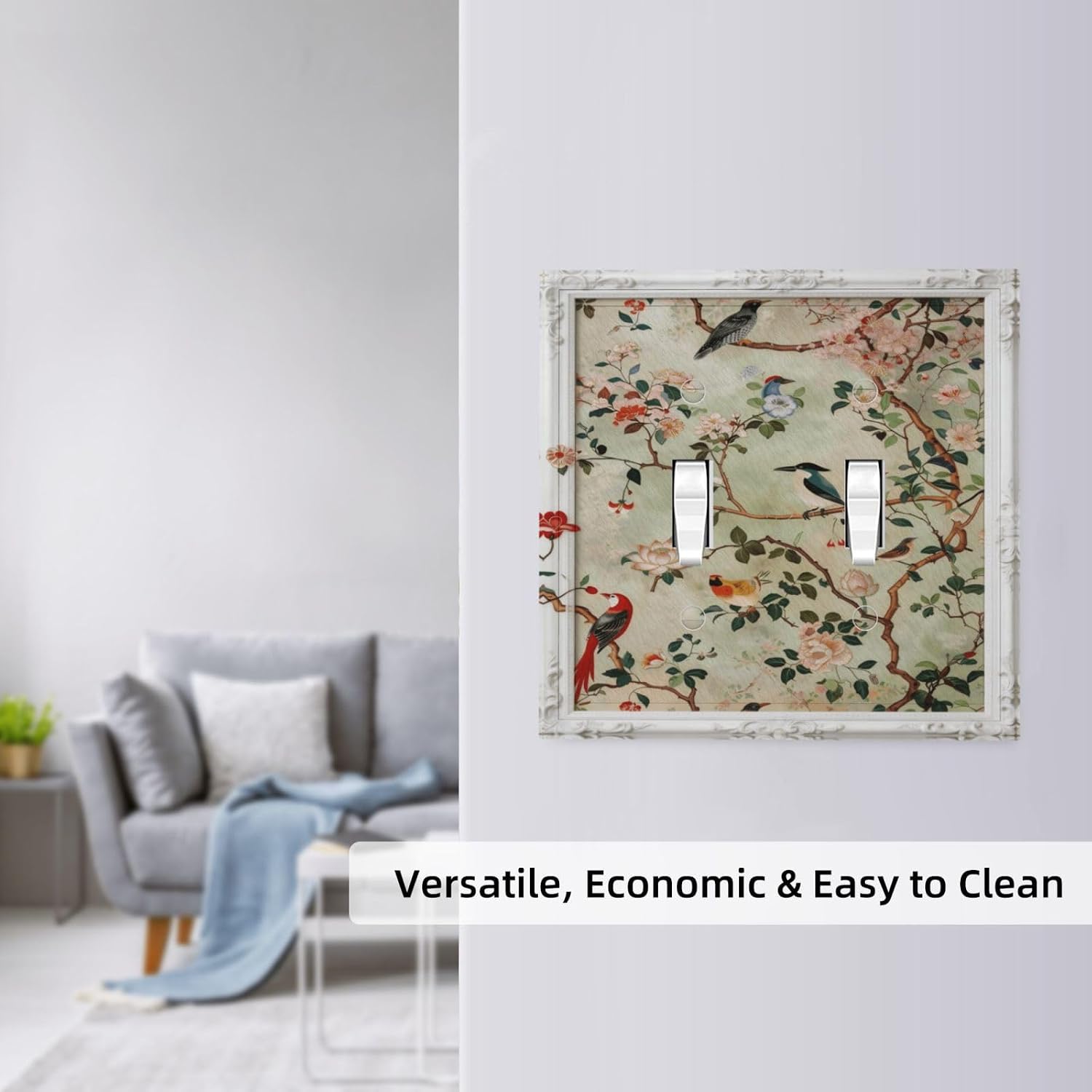 Chinoiserie Floral Bird Wall Plate, White Ornate Frame Light Switch Cover | Vintage floral and bird print on soft green background, brings traditional elegance to your home.