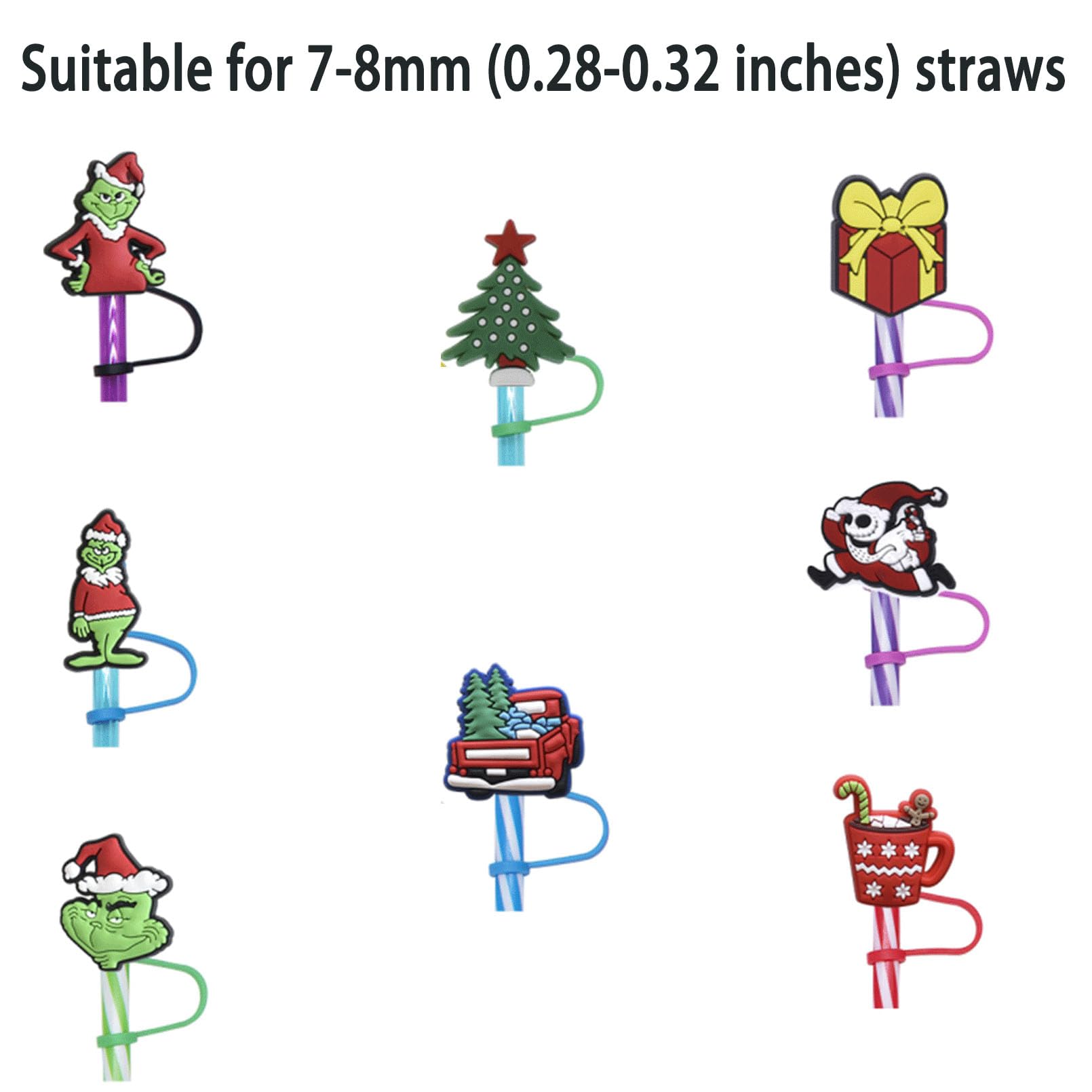 Wehnniee 8Pcs Christmas Straw Toppers, 0.32 Inches 8mm Cartoon Covers for Drinking Party Supplies, Reusable Dust-Proof Topper Cap Accessories Compatible With Small Size Cups Tumbler
