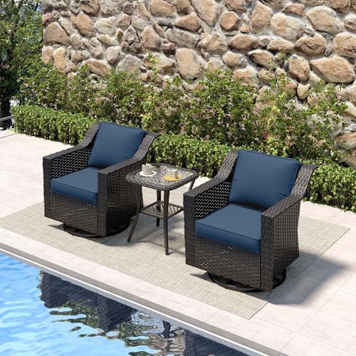 Image of 3 Piece Patio Furniture Set, Wicker Outdoor Conversation Set | Patio Chair Set with Olefin Removable Cushion, All-Weather Glider Swivel Chair Set with Deep Seat for Porch, Deck, Blue