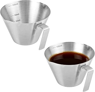 2Pcs Espresso Cups with Handle, 3.4OZ/100ML Espresso Accessories, Stainless Steel Spout Measuring Cup with Scale, Espresso Pouring Cup with V-Shaped Mouth Double V-Deep Mouth - Silver