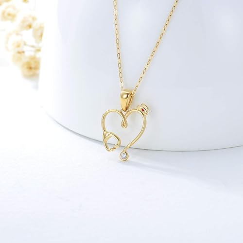 Miniatura 3 de Blocaci Collares de enfermera para mujer, collar de estetoscopio de oro macizo real de 14 quilates, joyería médica para enfermeras, médicos,