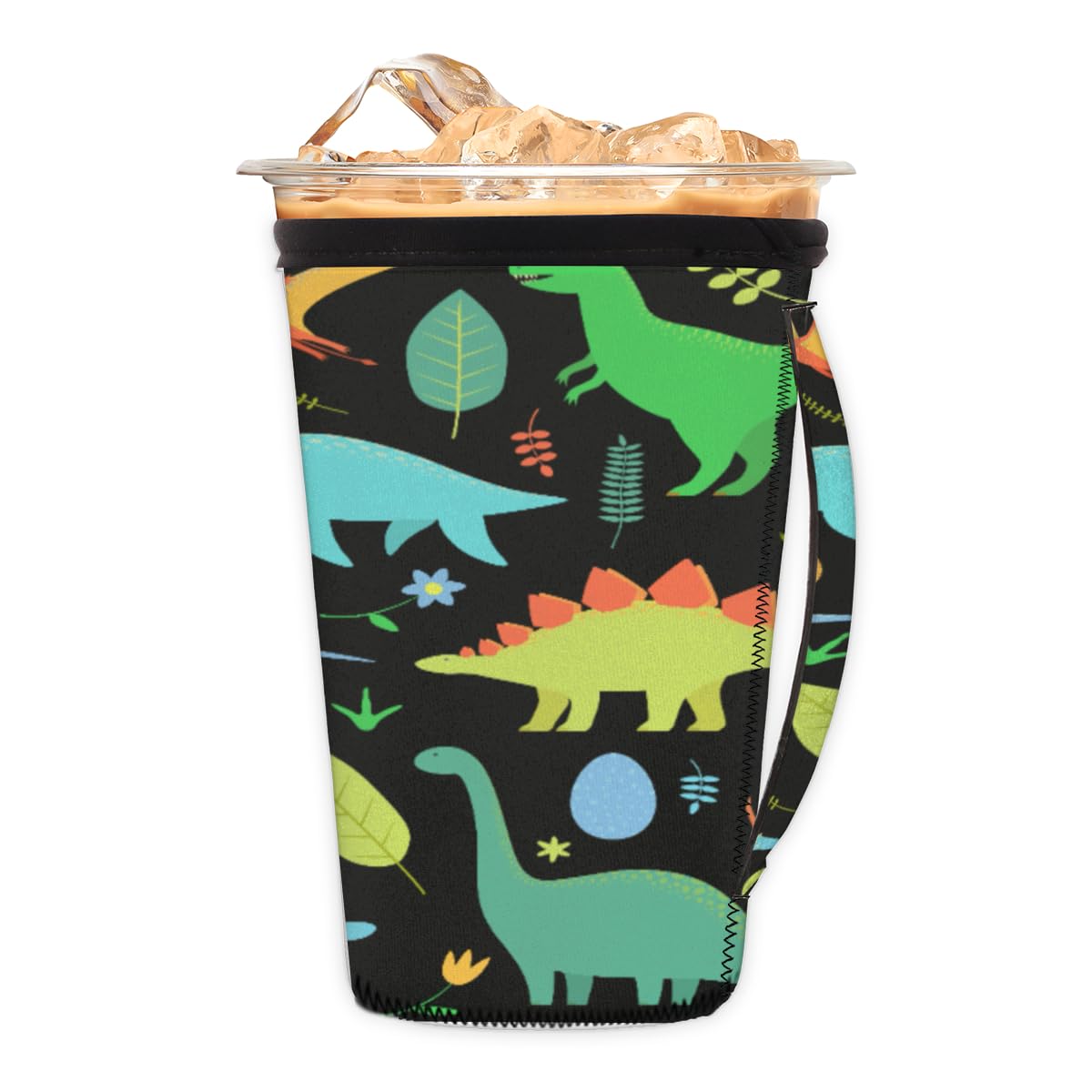 Reusable Iced Coffee Sleeve With Handle - Neoprene Insulator For 24-28oz Cups, Dinosaur & Cactus Prints - View #5