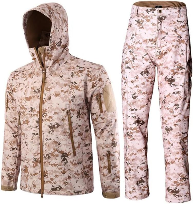 Hiking Jackets Outdoor Softshell Windbreaker Waterproof Camouflage Flight Military Tactical Hooded Fleece Rain Jacket + Pants(Desert digital,E)