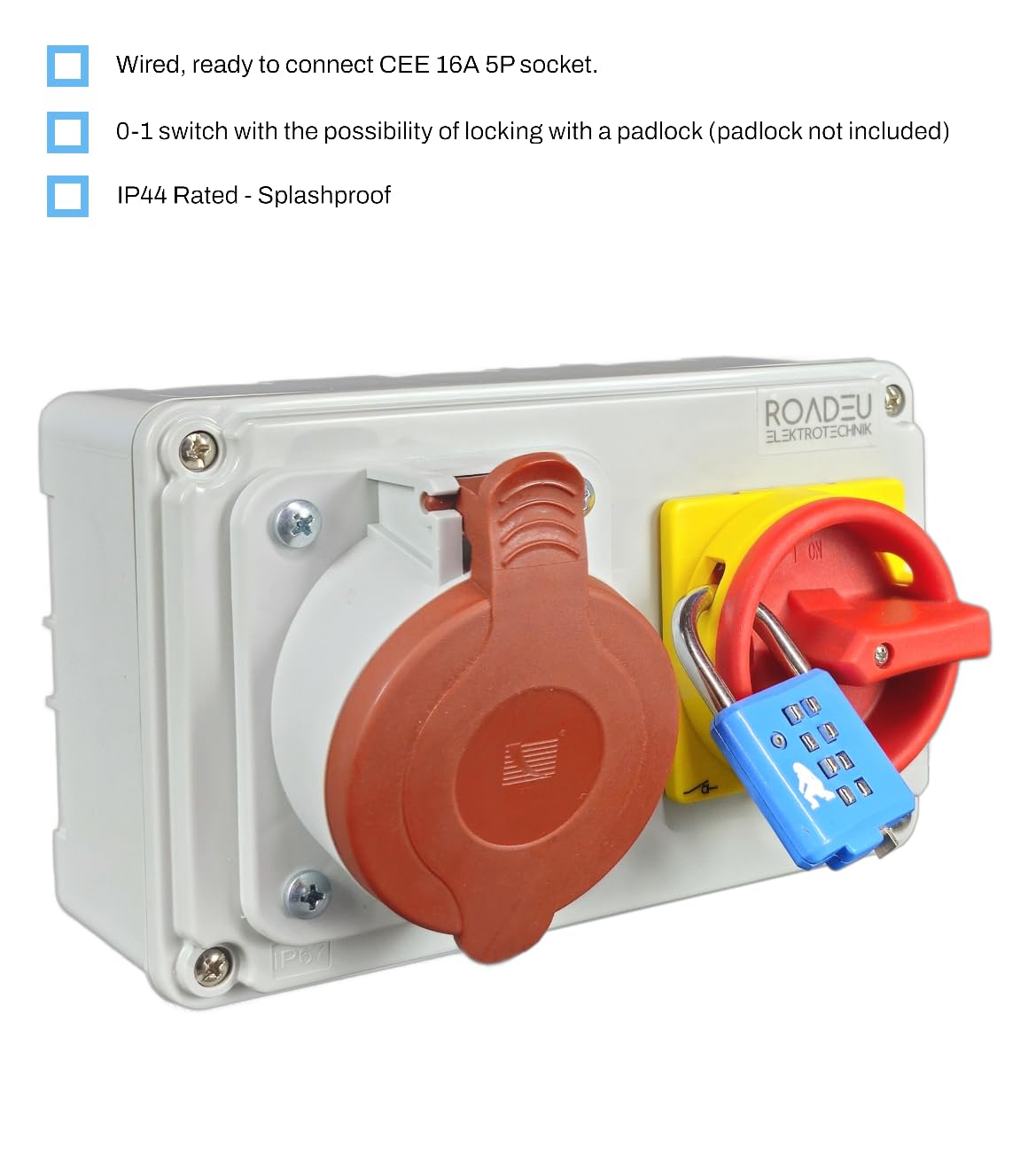 RoadEu Presa CEE da Parete 16A 5 Poli 400V con Interruttore Generale 0-1 Bloccabile | Presa Industriale IP44 per Esterno e Officina