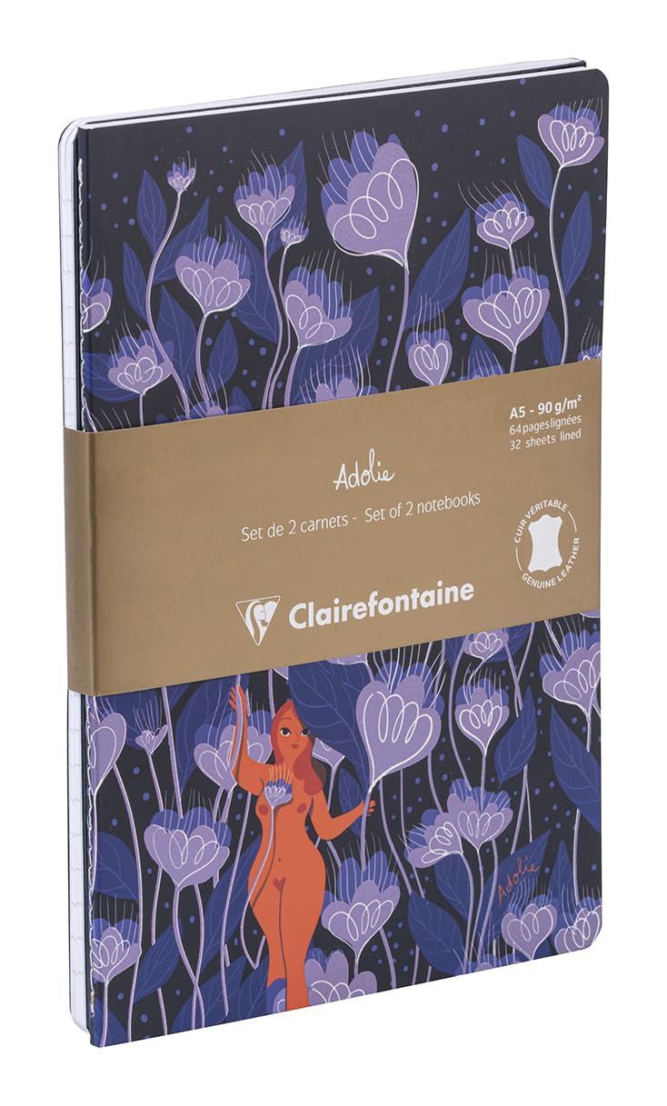 Clairefontaine - 116296C - A Set of 2 Notebooks - Indigo Leather and Celeste Decor Printed A5 14,8x21cm, 64 Lined Pages White Paper 90g - Adolie Collection