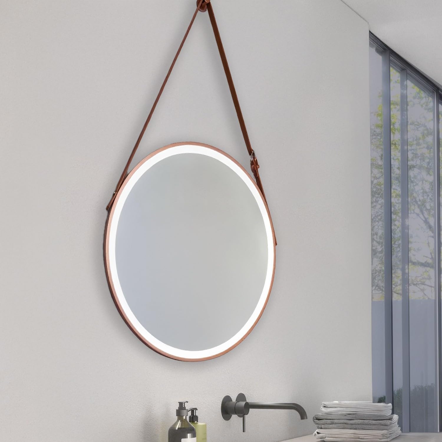 Bathroom Mirror with Light 60x60cm Round Salt Mirror 15W Dimmable 3 Light Colors Touch Switch IP44 HD Tempered Glass with Cord