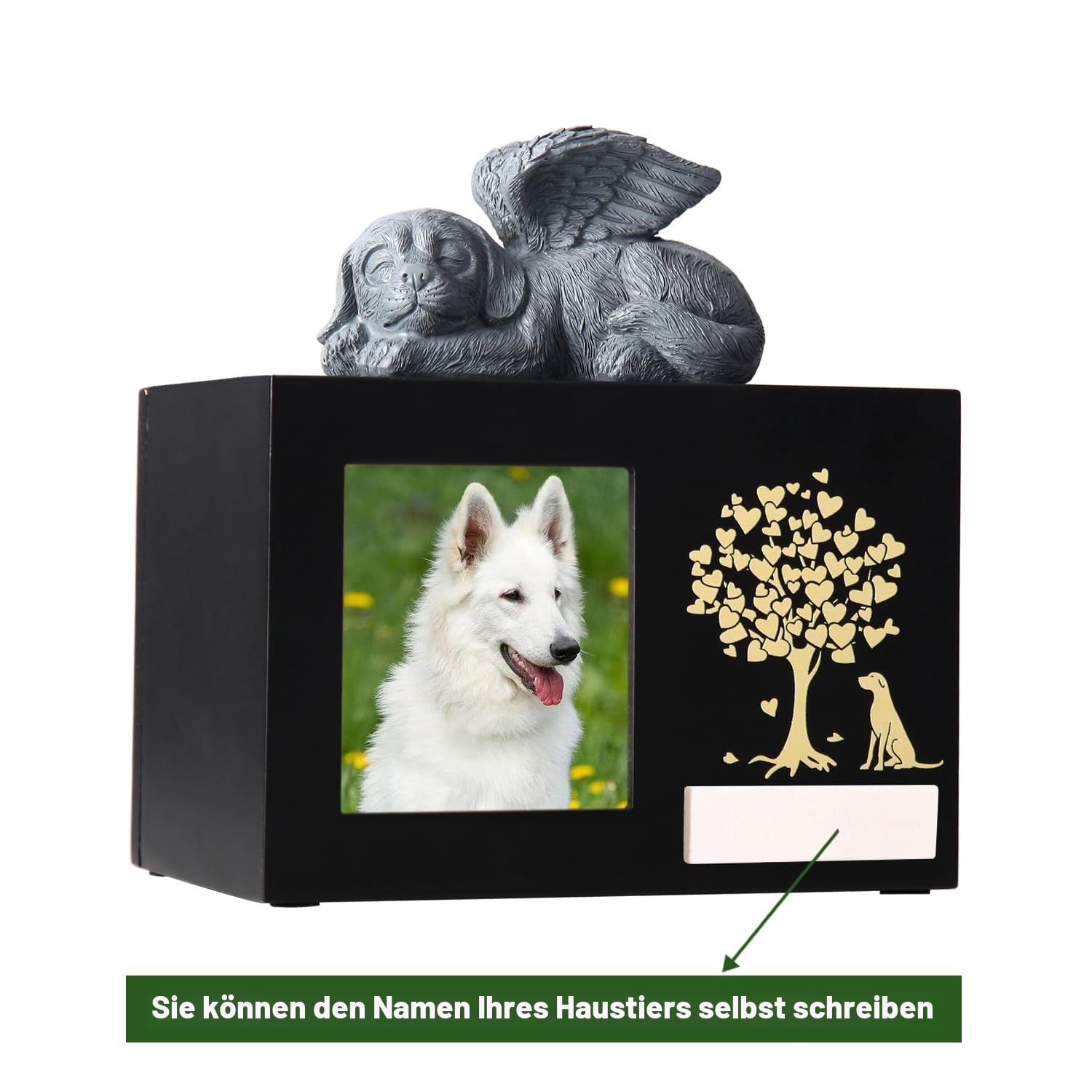 Haustier-Aschebox für Hunde, XLarge Holzurnen für Beerdigung, Einäscherungsurnen mit Fotorahmen, Gedenkbox mit schwarzem Flanell als Futter, Gedenkgeschenk für verlorene Haustiere