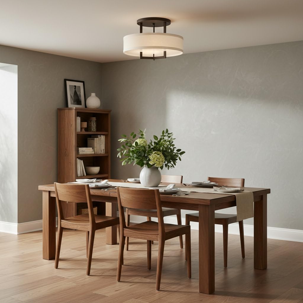 Hinkley Hampton Semi-Flush Three Light 20-in Dia. Ceiling Mount, Off-White Linen Drum Shade, Acrylic Diffuser, Buckeye Bronze Finish