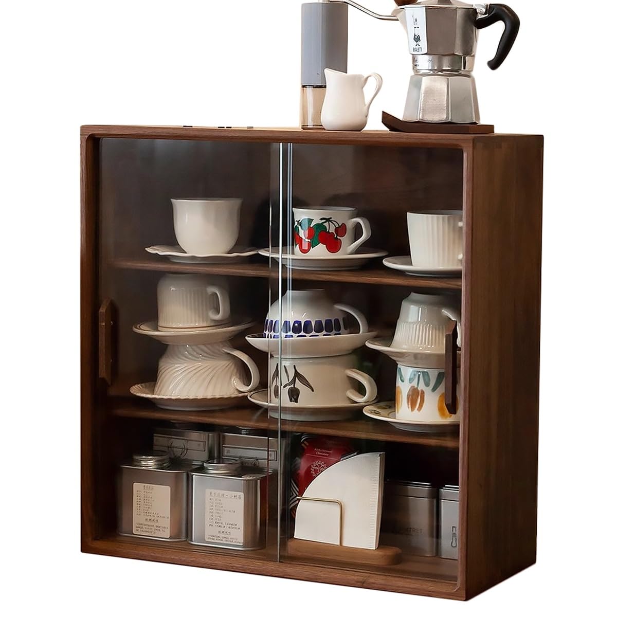Wooden Display Cabinet,3 Tier Countertop Storage Case for Collectibles Figures,Wooden Kitchen Pantry with Sliding Glass Doors
