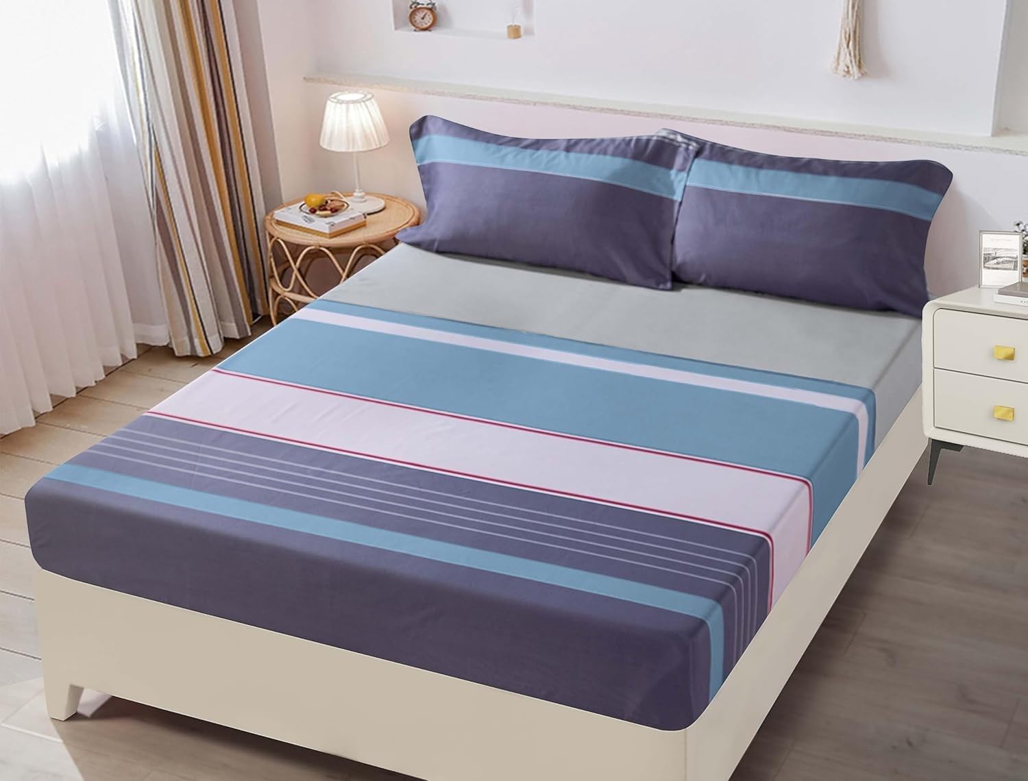 Funda Colchon Azul Sabana Bajera 160x200 Raya Sabanas Bajeras 160 Ajustable Ropa de Cama - 1 Cubre Colchon H30 cm y 2 Fundas Almohada 50x80 cm