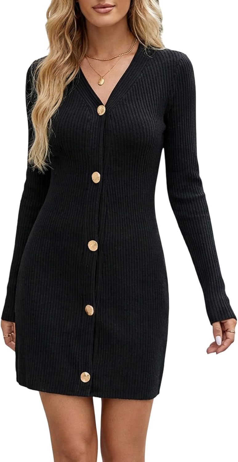 Women's Elegant Button Down Mini Dress V Neck Long Sleeve Bodycon Ribbed Knit Work Office Dresses