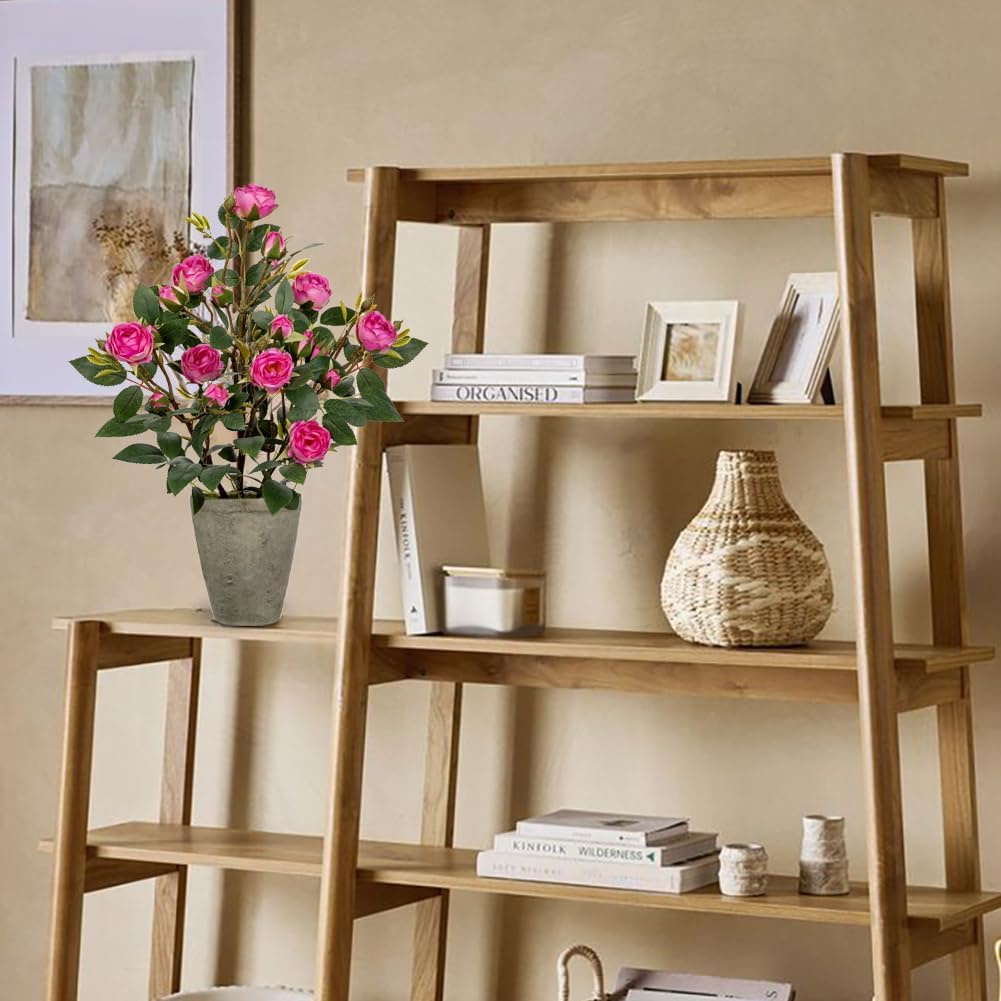 Hollyone Artificial Flower Plants Camellia Pink Roses Faux Potted Plant with Cement Pot Fake Silk Flower Rose Camellias Flower Arrangement Office Home Decor Bathroom Shelf Desk Decoration 15 Inch - Image 6