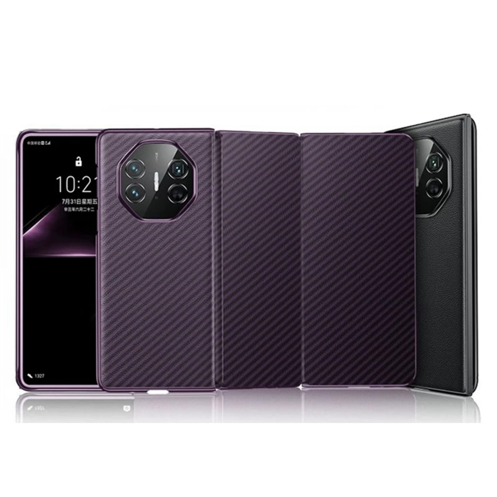 Etui z klapką do Huawei Mate XT, skóra z teksturą włókna węglowego funkcja widoku okna wszechstronna ochrona inteligentna obudowa budzenia, fioletowy, Mate XT