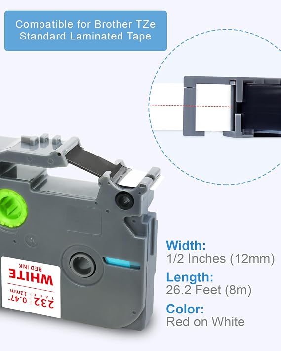 Absonic 4 Pack Tz-232 Red on White Label Tape Replace for Brother TZe-232 P Touch Label Tape TZe232 12mm TZ Laminated Tape Work for Ptouch Label Maker PT D210 H110 D600 D220, 0.47 Inch x 26.2 Feet