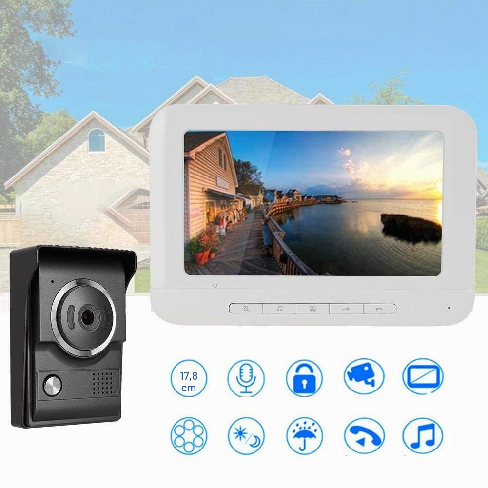Sistema de Videoportero, IR a Prueba de Agua de 7 Pulgadas, Pantalla TFT-LCD, Timbre de Video Puerta Sistema de Teléfono Compatible con Intercomunicador Bidireccional, Monitoreo, Desbloqueo(YO)